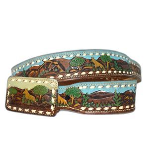 Sheyenne Leather Tooled Embroidered Painted Western Coyote Belt and Buckle SZ 34